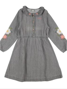 Bonton Gray Dress with Pink & White Floral Sleeve Embroidery